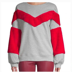 LEA & VIOLA ANTHROPOLOGIE RED FAUX FUR GREY SWEATSHIRT WOMENS SZ M.